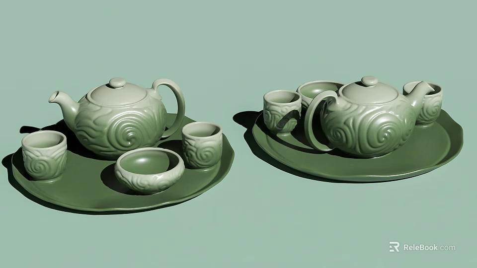 Green Ceramic Tea Set with Teapot Cups and Trays Featuring Intricate Swirl Patterns 3d model 