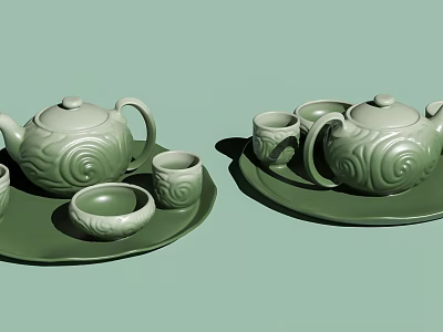Green Ceramic Tea Set with Teapot Cups and Trays Featuring Intricate Swirl Patterns 3d model