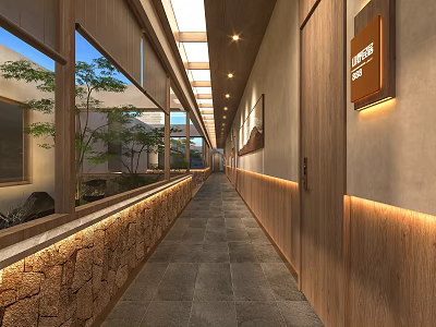 Elegant Hotel Corridor Interior With Wooden Walls Natural Light Stone Floor And Greenery View 3d model