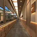 Elegant Hotel Corridor Interior With Wooden Walls Natural Light Stone Floor And Greenery View