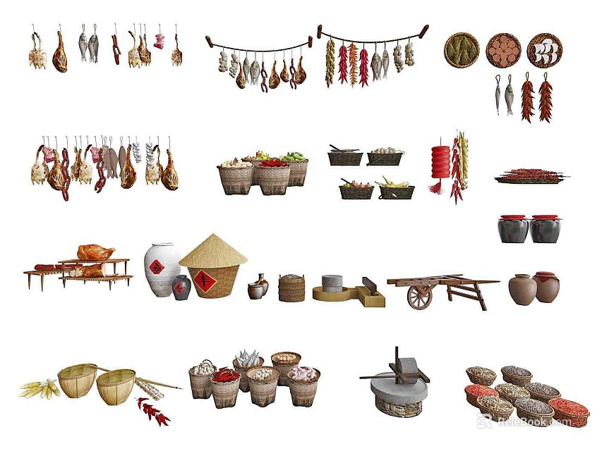 Traditional Agricultural Equipment Including Stone Mill Handcart Bamboo Baskets And Clay Pots With Hanging Crops 3d model 