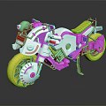 Vibrant Toy Motorcycle with Purple Green Accents and Yellow Wheels Design