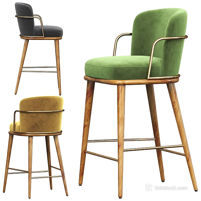 Modern Bar Stools With Velvet Seats Wooden High Legs And Metal Armrests In Multiple Colors 3d model 