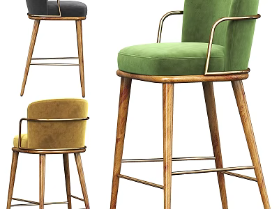 Modern Bar Stools With Velvet Seats Wooden High Legs And Metal Armrests In Multiple Colors 3d model