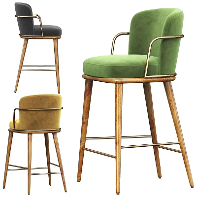 Modern Bar Stools With Velvet Seats Wooden High Legs And Metal Armrests In Multiple Colors 3d model