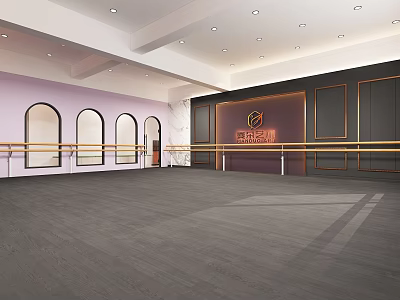 Dance School Studio With Arch Windows Ballet Barres Gray Flooring And Pink Dark Walls 3d model