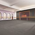 Dance School Studio With Arch Windows Ballet Barres Gray Flooring And Pink Dark Walls