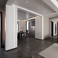 Modern Living and Dining Area With Black Sofa Beige Rug And Abstract Artwork