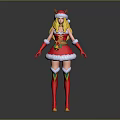 Blonde Female Character In Christmas Costume With Reindeer Antlers Red Dress White Fur Trim Stockings