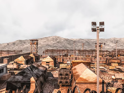 Desolate Desert Military Base With Tents Watchtower Mountains And Searchlights 3d model