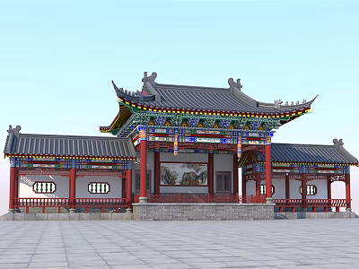 Ancient Chinese Architecture With Traditional Roof Overhanging Eaves And Painted Decorations 3d model