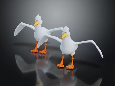 White Seagulls With Orange Feet Spread Wings Cartoon 3D Models On Dark Background With Reflections 3d model