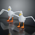 White Seagulls With Orange Feet Spread Wings Cartoon 3D Models On Dark Background With Reflections