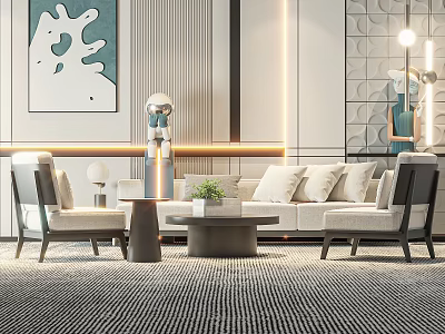Modern Sofa Coffee Table Set With Armchairs Plant Art And Living Room Lighting 3d model