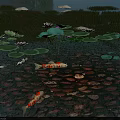 Lotus Pond Garden Landscape With Koi Fish Lily Pads And Lotus Flowers