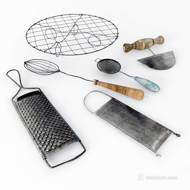 Practical Kitchen Utensil Set Including Metal Graters Wire Strainer And Wooden Handle Tools 3d model 