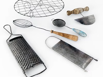Practical Kitchen Utensil Set Including Metal Graters Wire Strainer And Wooden Handle Tools 3d model