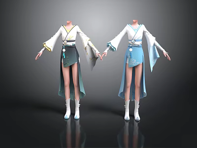 Women In Traditional White Top Blue Gray Skirt With Long Sleeves And White Boots 3d model