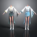 Women In Traditional White Top Blue Gray Skirt With Long Sleeves And White Boots