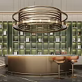 Luxurious Modern Sales Office Interior With Circular Reception Counter And Chandelier