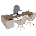 Modern Office Desk With Laptop Black Backpack Vase And Two Beige Chairs