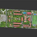 Modern Campus Architectural Model with Red Roof Buildings Green Spaces and Sports Field