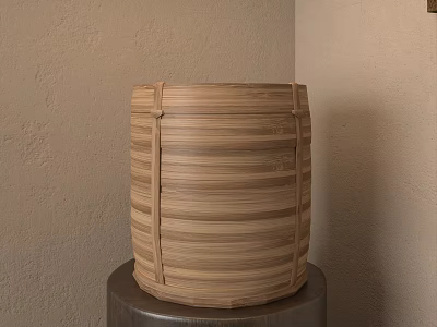 Bamboo Woven Cylindrical Decorative Ornament Set On Wooden Base With Beige Wall 3d model