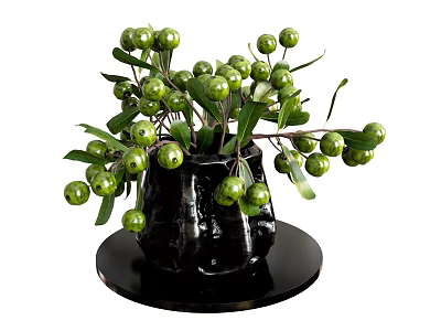 Black Vase with Green Berries and Leaves on Round Base Decorative Floral Arrangement 3d model
