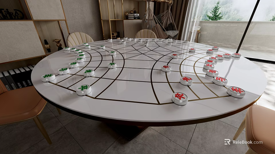 Round Dining Table Featuring Chessboard Pattern with Green and Red Pieces in Modern Room 3d model 