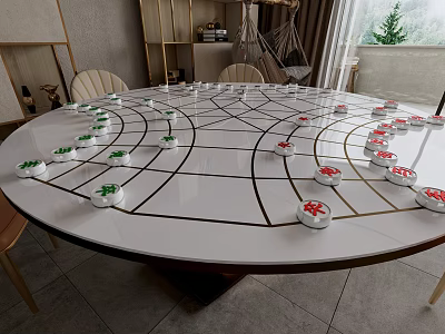 Round Dining Table Featuring Chessboard Pattern with Green and Red Pieces in Modern Room 3d model