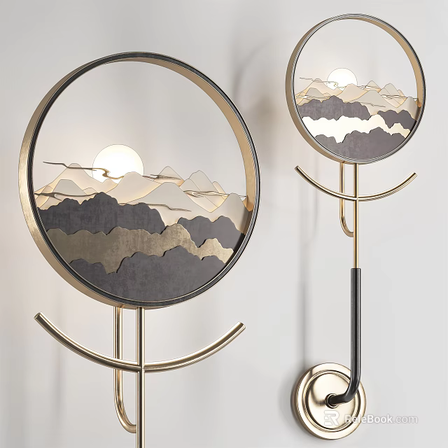 Round Design Wall Lamp Featuring Mountain Moon Pattern And Gold Metal Frame 3d model