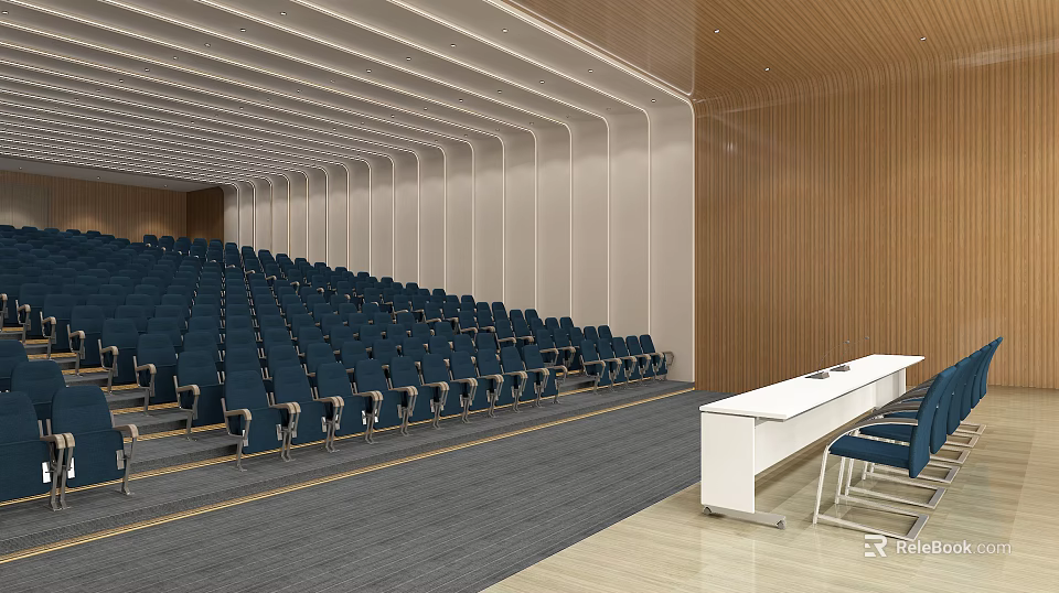 Spacious Conference Room Interior Design With Rows Of Blue Seats And Wooden Walls 3d model 