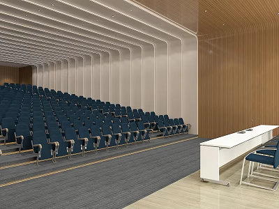 Spacious Conference Room Interior Design With Rows Of Blue Seats And Wooden Walls 3d model