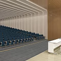 Spacious Conference Room Interior Design With Rows Of Blue Seats And Wooden Walls