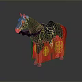 Ornate Black Horse With Decorative Saddle Red And Gold Fringes And Emblems