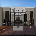 Chinese Traditional Interior With Wooden Furniture Round Arch Wall Paintings And Marble Floor