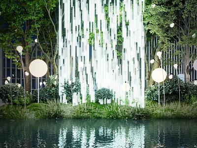 Stylish Garden Ornament Design With Hanging White Strips Round Lights And Water Reflections 3d model
