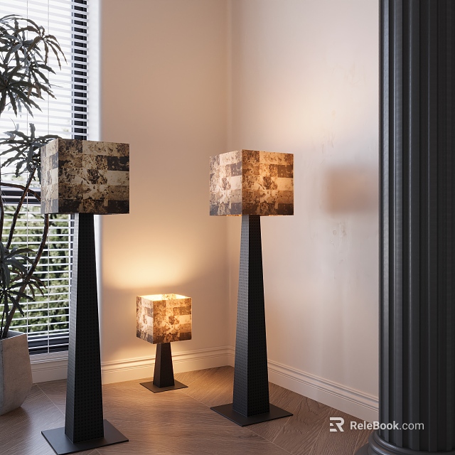 Modern Floor Lamps With Textured Lampshades In White Wall Room With Window Blinds And Plant 3d model 
