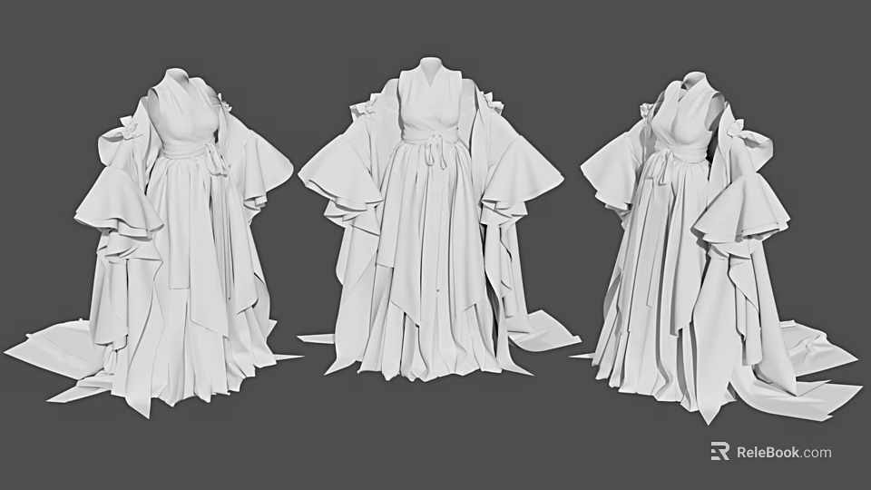 Three Ancient Style White Robes Featuring Flowing Sleeves And Layered Skirt Design 3d model 