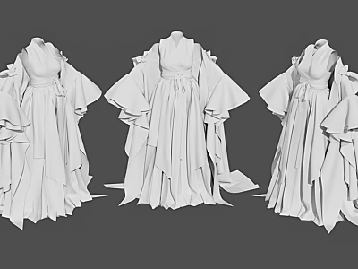 Three Ancient Style White Robes Featuring Flowing Sleeves And Layered Skirt Design 3d model