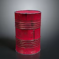 Red Oil Barrel With Metal Rings And Shiny Surface Against Dark Background