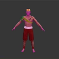 Shirtless Man 3D Render With Red Shorts Arm Armor Tattoos Standing On Gray Background