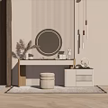 Modern Minimalist Dressing Table With Round Mirror Stool And Striped Wall Decor