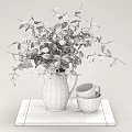 White Vase with Fresh Green Leaves on Wooden Tray and Stacked White Cups