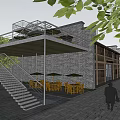 Charming Commercial Street with Brick Building Terrace Railing Outdoor Seating Trees and Stone Pavement