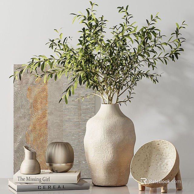 Modern Decorative Ornament Collection With Green Plants White Vase Gray Container And Textured Board 3d model 