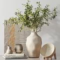 Modern Decorative Ornament Collection With Green Plants White Vase Gray Container And Textured Board