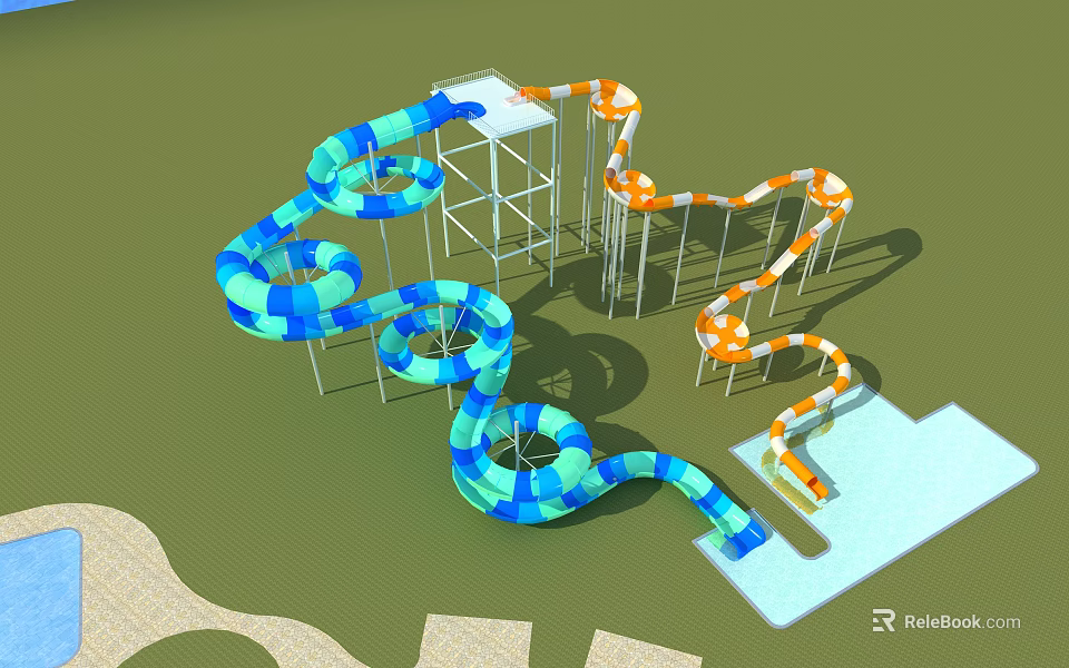Colorful Spiral Water Slides For Amusement Park With Blue And Orange Tubes And Pool 3d model 