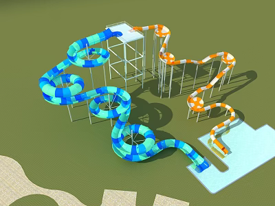 Colorful Spiral Water Slides For Amusement Park With Blue And Orange Tubes And Pool 3d model