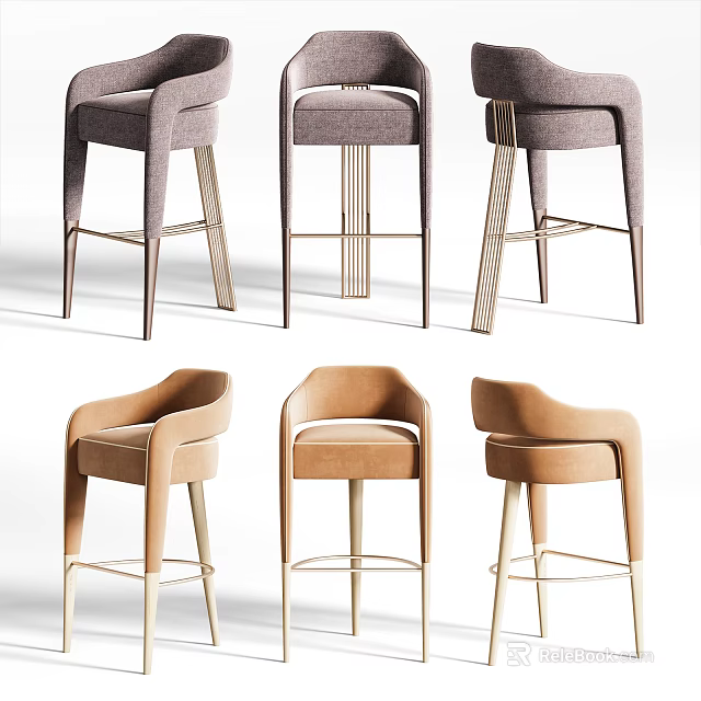 Stylish Modern Bar Stools With Velvet Upholstery Metal And Wooden Legs Contemporary Design 3d model 